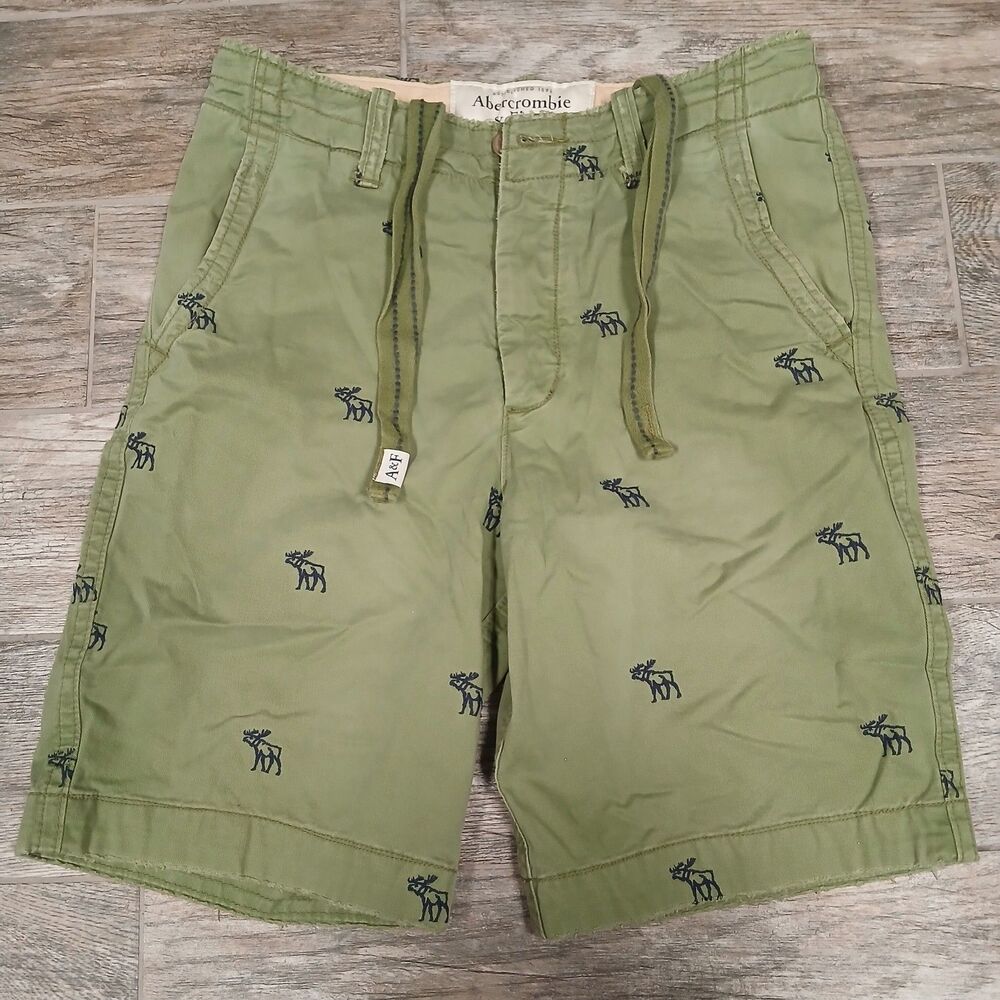Abercrombie & Fitch Shorts Mens Chino Green All Over Logo Aop Moose Vtg Size 31